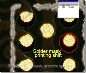 電路板BGA下面的防焊層印刷偏移，造成焊墊大小不一致。