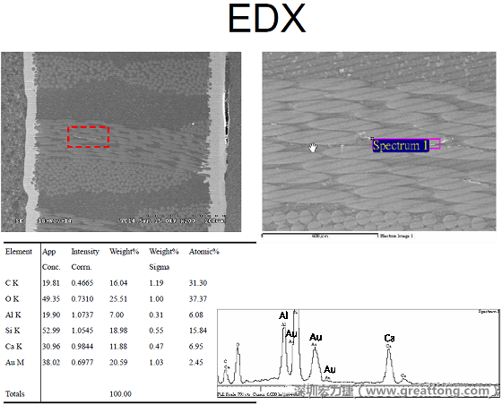 ACF(Conductive Anodic Filament，導墊性細絲物，陽極性玻璃纖維絲漏電現象)。用EDX打出來Au(金)的元素介于通孔與盲孔之間第一個位置。