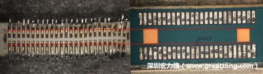 把板對板連接器與其電路板的佈線焊墊作一個比較，端子的切斷面有毛邊的地方剛好對到了裸銅區(qū)。