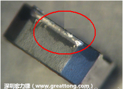 使用錫(Sn)鍍層的電源電感器(Power Inductors)，經過推力測試后，其焊點還保留在零件的端點上，所以推力比較高。