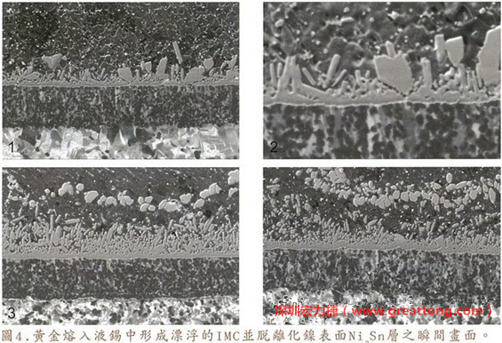 下面四張圖片為放大4500倍的SEM圖像，說明在回流焊爐熱量不足的情況下，黃金成份正要從鎳層分離融入焊錫之中的瞬間，當零件遭受外力沖擊的時候就極有可能從這一整排AuSn、、AuSn2或AuSn4的IMC處裂開。