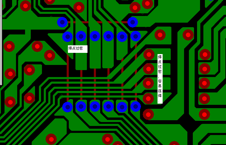 PCB設(shè)計焊點(diǎn)過密，易造成波峰連焊，焊點(diǎn)間漏電