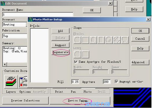 當(dāng)Gerber和鉆孔都設(shè)置完后，選擇一貼片元件較多的層（一般為Top層），點擊Device SetupPhoto，將 Plotter Setup窗口D-Code欄原有的D碼刪除并按Regenerate重新生成