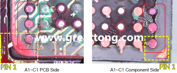 PIN-1的位置很重要，不知道Pin-1在哪里？那你怎么知道斷裂錫球在PCB的位置，如何判斷可能的應力(Stress) 影響。一般在PCB的絲印層(白漆)上面一定會標示零件的PIN-1位置，有的未打一個圓點，有的會畫三角形，但這張照片在PCB的PIN-1被紅墨水遮住了，如果可以的話建議那一塊沒有紅墨水的板子對照一下。