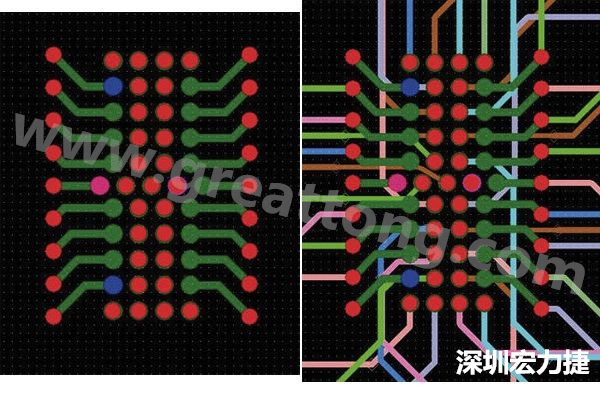 圖7：焊盤內過孔用于內部，而外部接腳在0.5mm閘格上扇出。圖7a顯示的是頂層(左)；圖7b顯示頂層和內部布線層(右)。