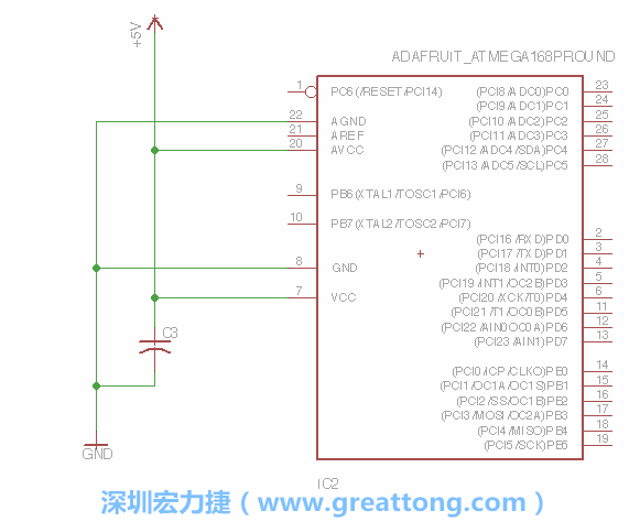 3.1.    新增微控制器晶片（RBBB → ATmega），把它放在電路原理圖的中央附近，把它的兩個(gè)接地接頭連接到接地訊號(hào)端。