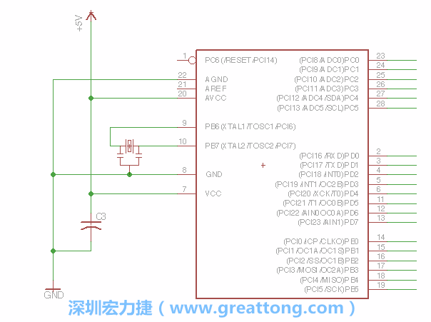 3.2.    在靠近ATmega的電源供應(yīng)針腳7的位置放置一個(gè)0.1μF的電容，將它分別連接電源、接地端和針腳7。