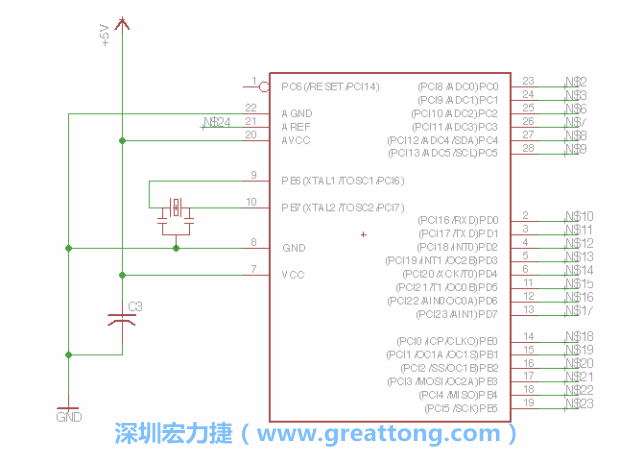 3.3.    將共鳴器（resonator）放置在針腳9和針腳10附近，將它的三個(gè)針腳連接如圖所示，并確認(rèn)最中間的針腳有連到接地端。