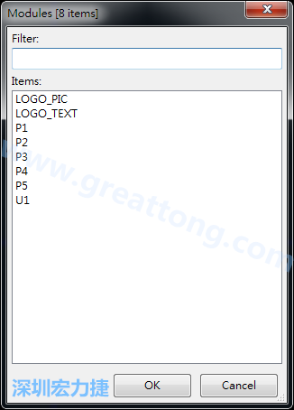 從目前正在編輯的PCB載入Module， 會顯示有那些項目可載入。點選一個， OK后即完成載入